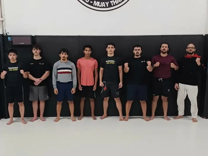 Turma de MMA iniciante reunida no tatame